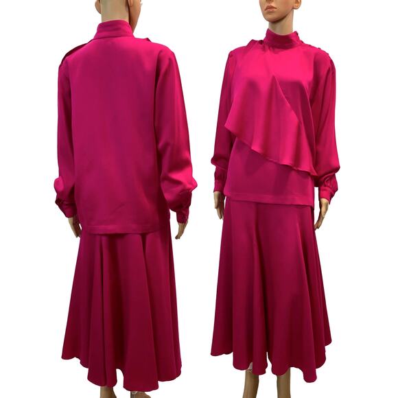 80s Hot Pink Midi Skirt & Asymmetrical Blouse Set | Auckie Sanft Italy | W 25' - Picture 3 of 13